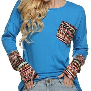 O-Neck Patchwork Casual Tunic Tops w/Thumb Holes